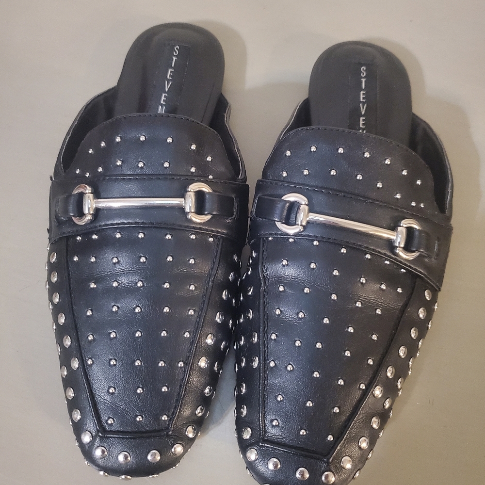 Steven by Steve Madden Razzi Black Leather Studded Loafer Slides Slip On Mules - Picture 2 of 7